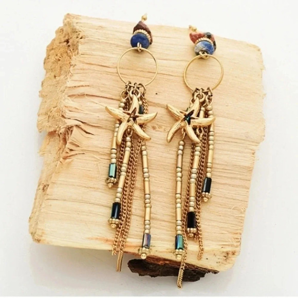 Gold Starfish Earrings Hematite Lapis Jasper - Picture 10 of 12